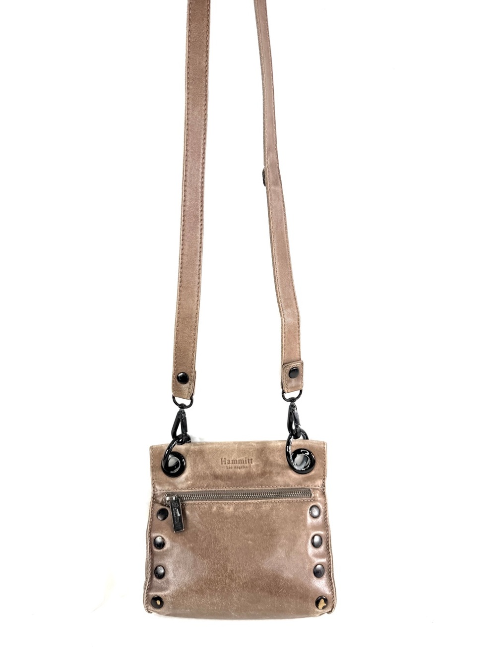 Hammitt Tony Taupe Leather Mini Crossbody Bag Gunmetal Studs Grommets Patina